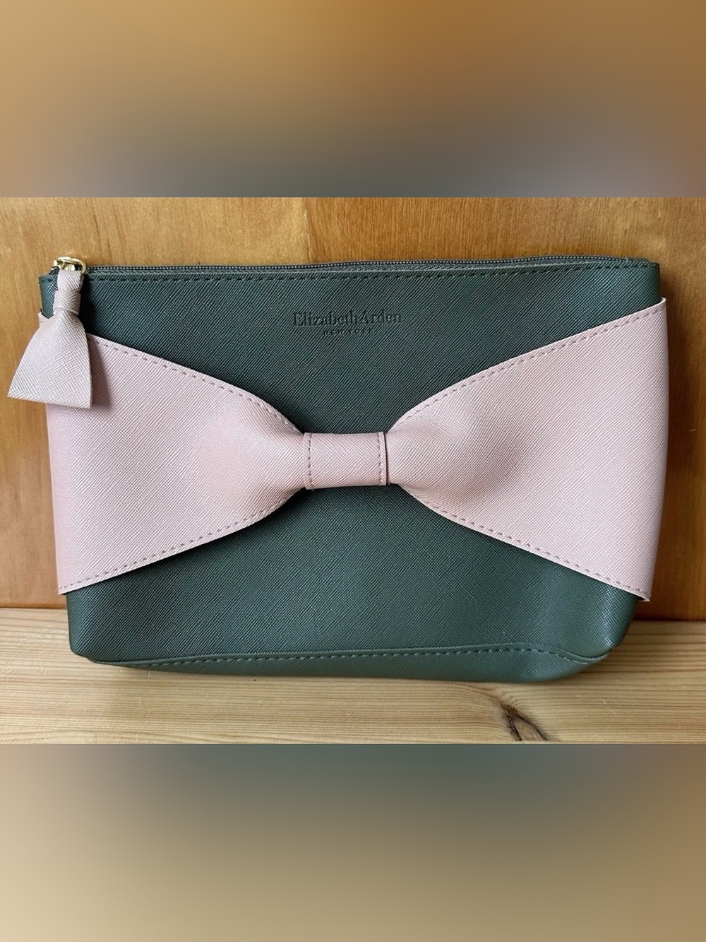 Elizabeth Arden NY Green/Pink Top Zip Rectangle Cosmetic Travel Makeup Bag Pouch